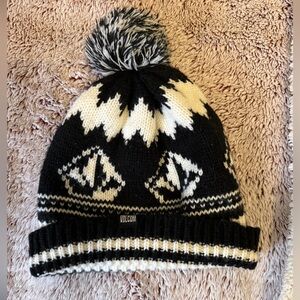 Volcom Black and Cream Knit Beanie